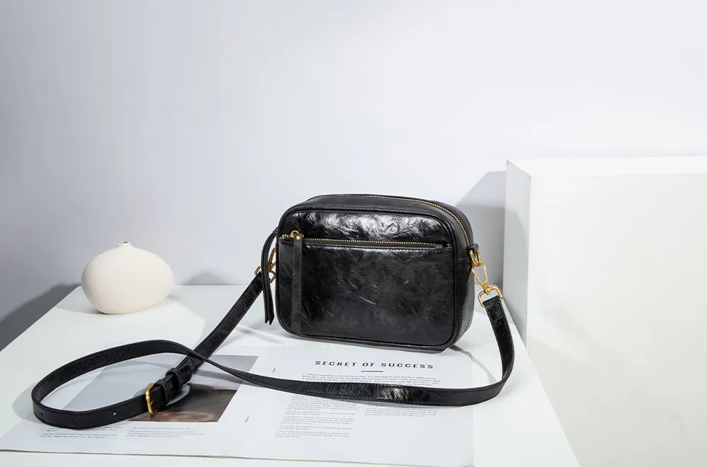 Baliya H98038 Factory Custom Ladies Black Leather Shoulder Bag Wrinkled Genuine Leather Square Handbag