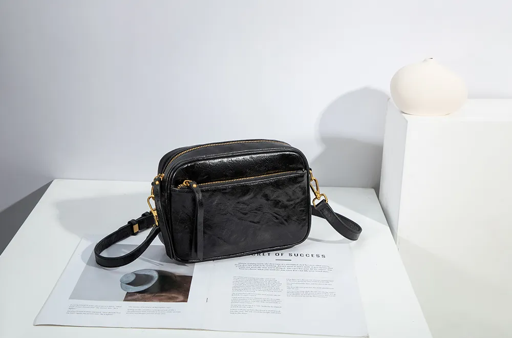 Baliya H98038 Factory Custom Ladies Black Leather Shoulder Bag Wrinkled Genuine Leather Square Handbag