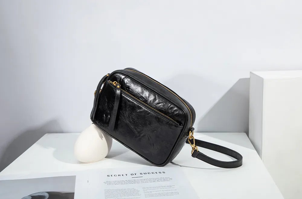 Baliya H98038 Factory Custom Ladies Black Leather Shoulder Bag Wrinkled Genuine Leather Square Handbag