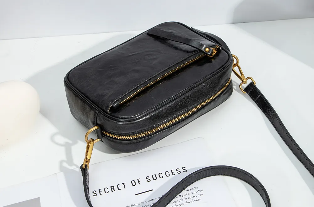 Baliya H98038 Factory Custom Ladies Black Leather Shoulder Bag Wrinkled Genuine Leather Square Handbag