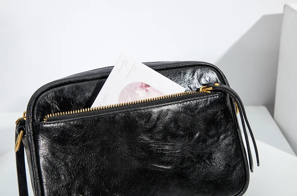 Baliya H98038 Factory Custom Ladies Black Leather Shoulder Bag Wrinkled Genuine Leather Square Handbag