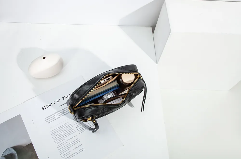 Baliya H98038 Factory Custom Ladies Black Leather Shoulder Bag Wrinkled Genuine Leather Square Handbag