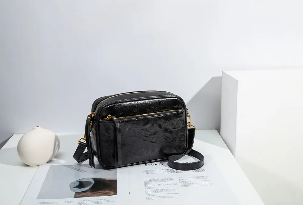 Baliya H98038 Factory Custom Ladies Black Leather Shoulder Bag Wrinkled Genuine Leather Square Handbag