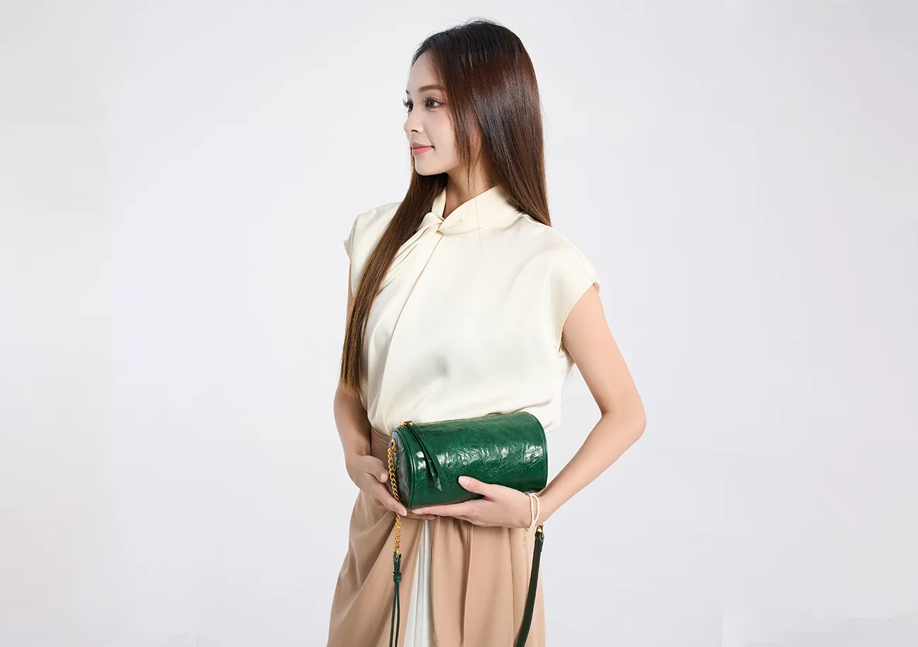 Baliya First Layer Cowhide Handbag Underarm Cylindrical Small Bag Pencil Bag Pillow Bag Messenger Bag