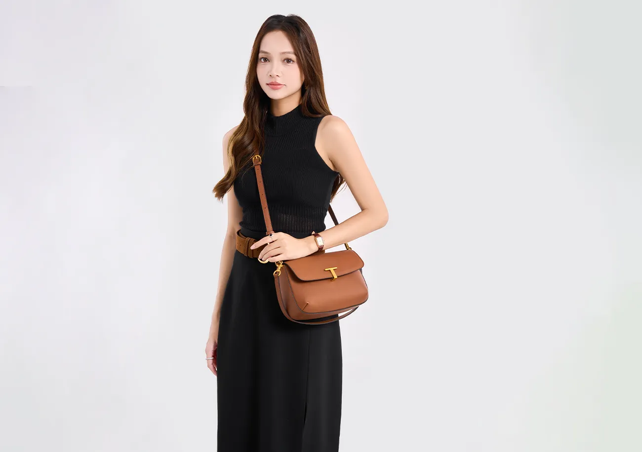 Baliya Top Layer Cowhide T-Shaped Hardware Buckle Shoulder Bag Classic Elegant Genuine Leather Women's Bag