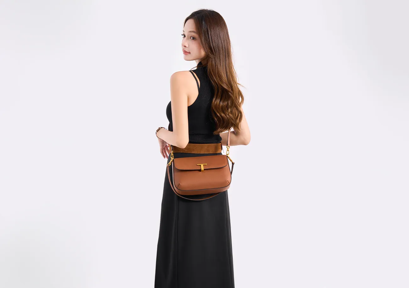 Baliya Top Layer Cowhide T-Shaped Hardware Buckle Shoulder Bag Classic Elegant Genuine Leather Women's Bag