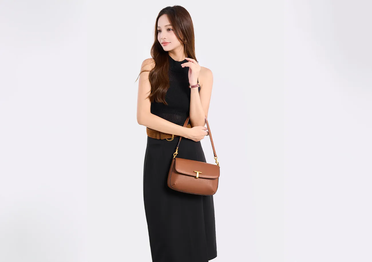 Baliya Top Layer Cowhide T-Shaped Hardware Buckle Shoulder Bag Classic Elegant Genuine Leather Women's Bag