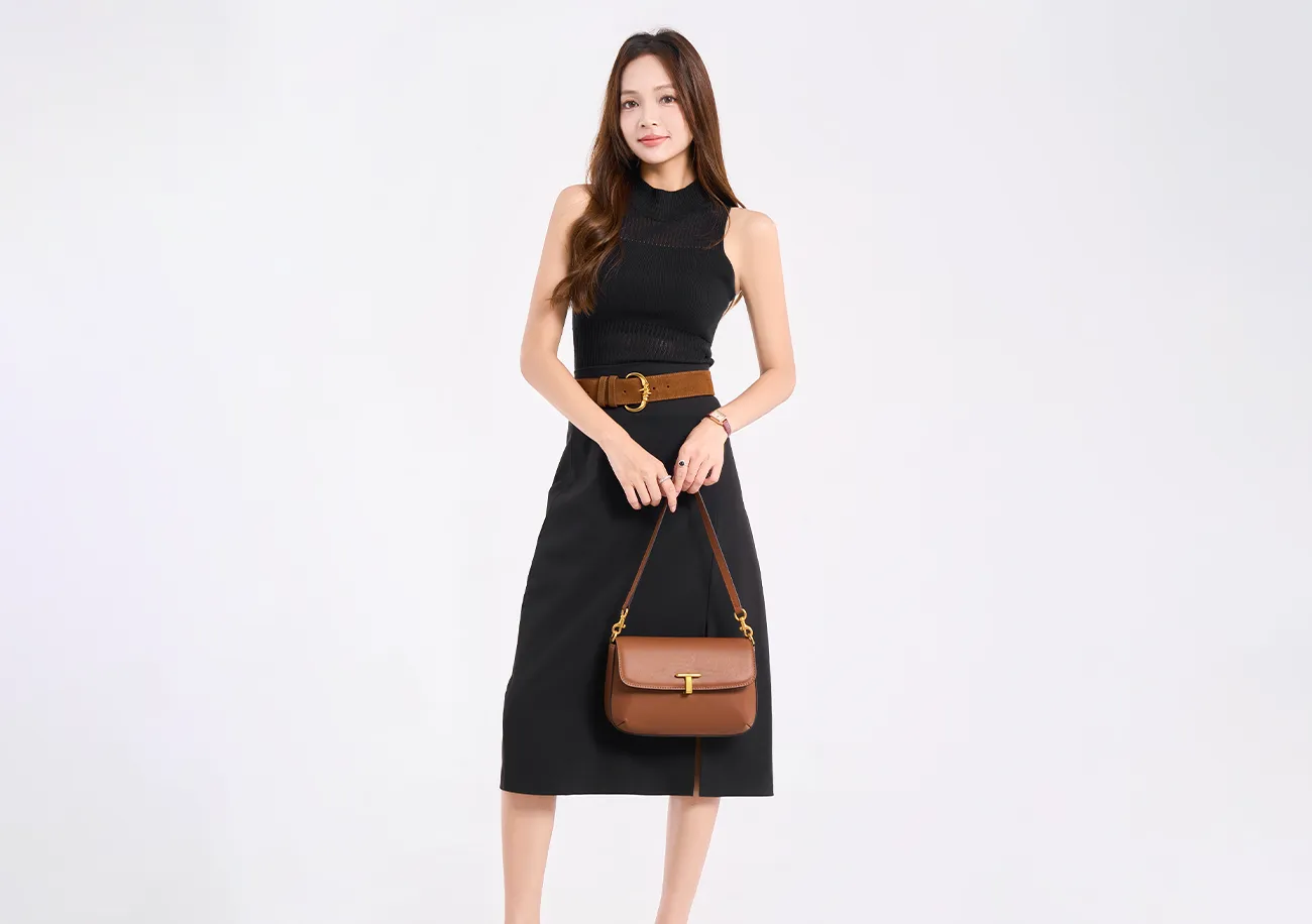 Baliya Top Layer Cowhide T-Shaped Hardware Buckle Shoulder Bag Classic Elegant Genuine Leather Women's Bag