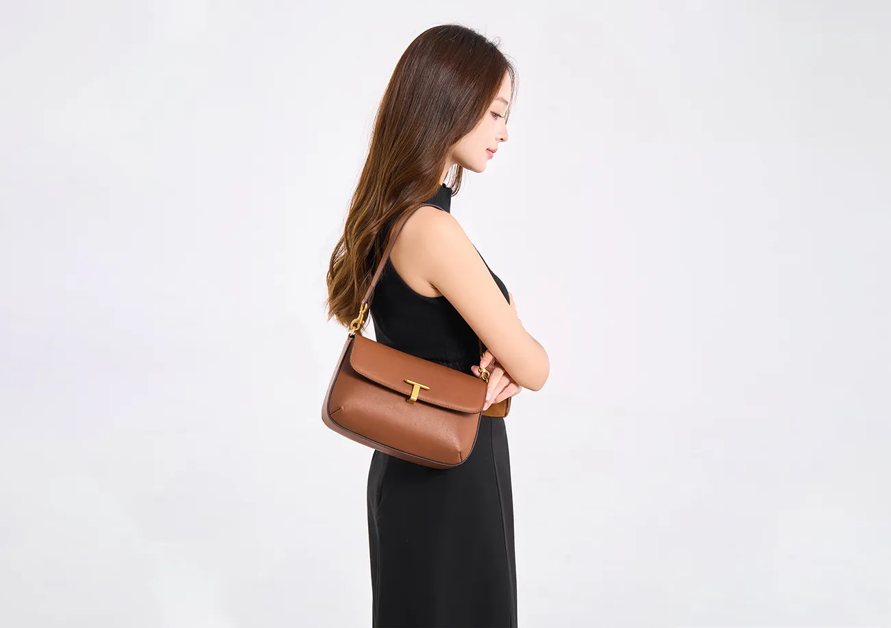 Baliya Top Layer Cowhide T-Shaped Hardware Buckle Shoulder Bag Classic Elegant Genuine Leather Women's Bag