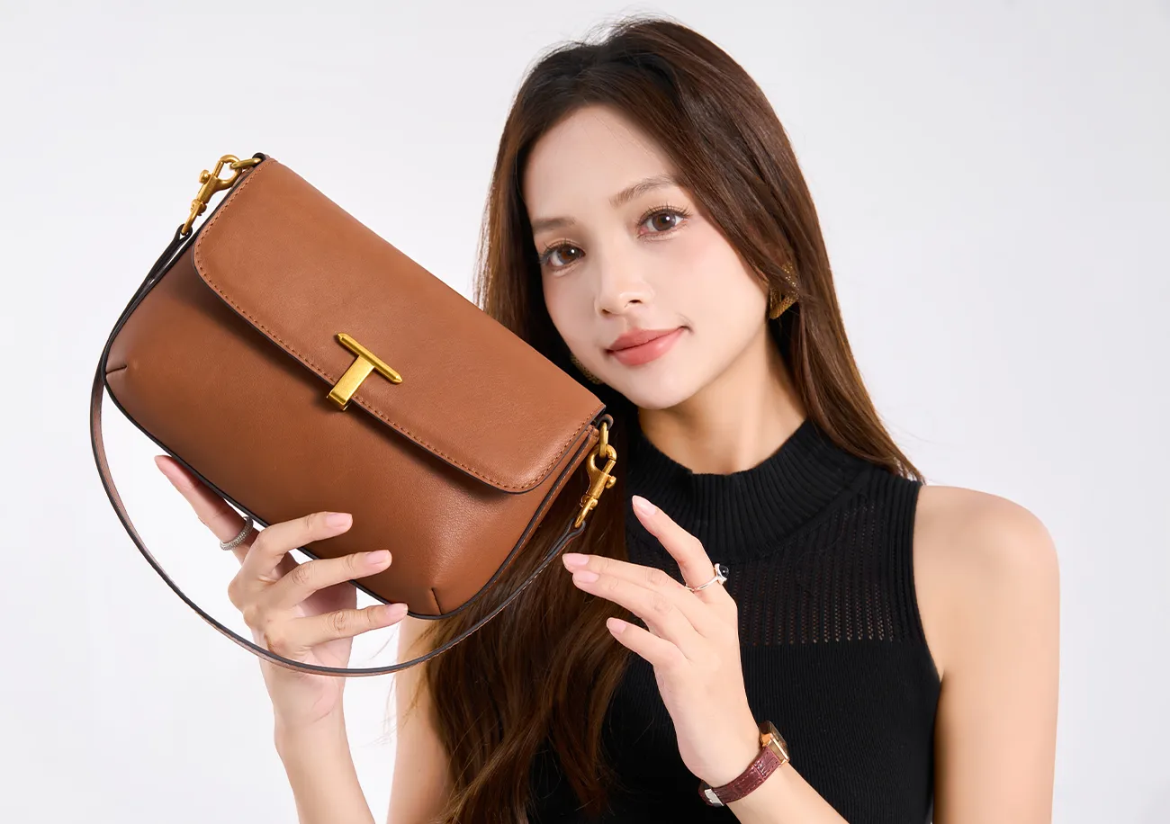 Baliya Top Layer Cowhide T-Shaped Hardware Buckle Shoulder Bag Classic Elegant Genuine Leather Women's Bag