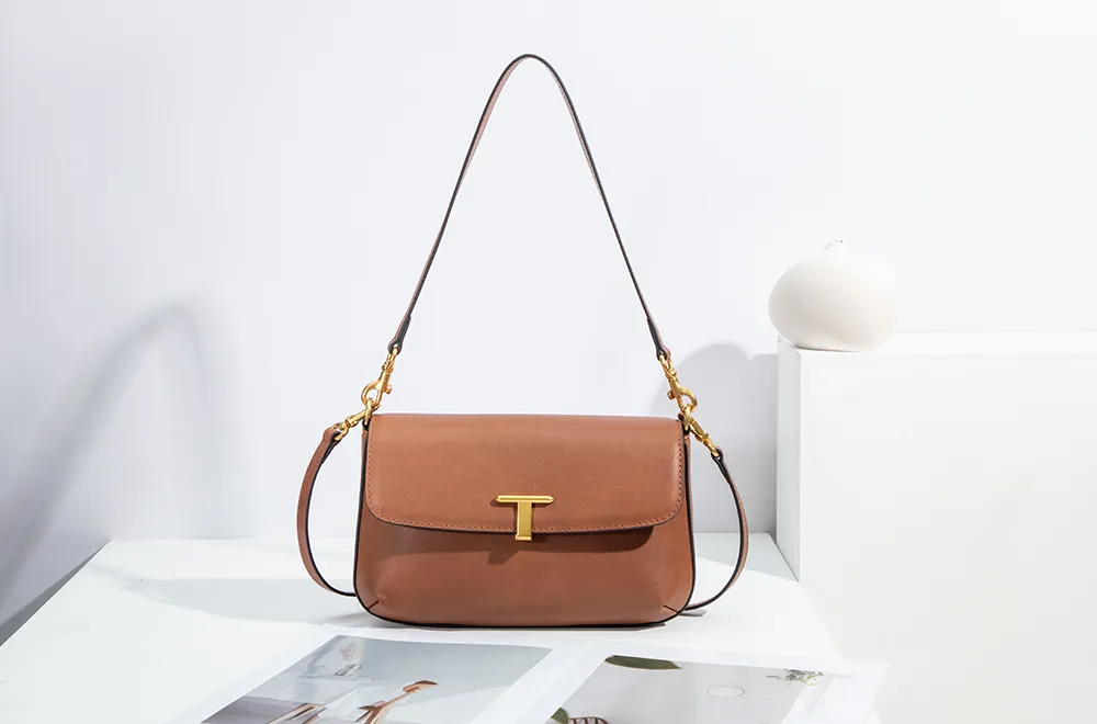 Baliya Top Layer Cowhide T-Shaped Hardware Buckle Shoulder Bag Classic Elegant Genuine Leather Women's Bag