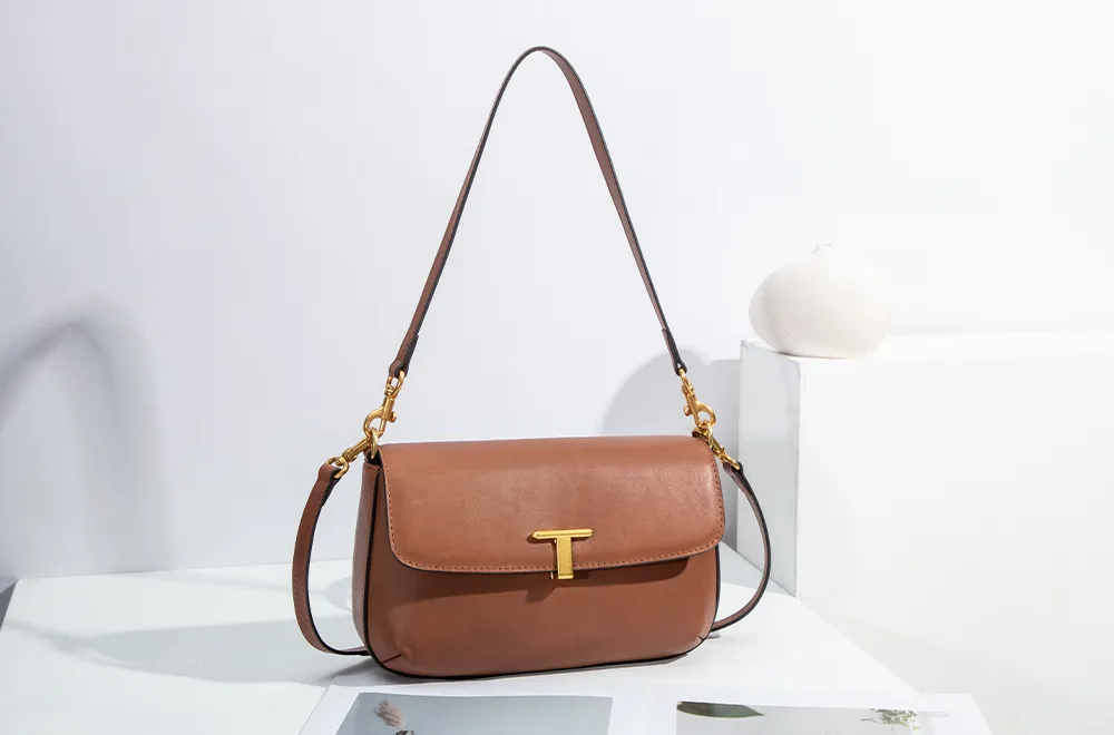 Baliya Top Layer Cowhide T-Shaped Hardware Buckle Shoulder Bag Classic Elegant Genuine Leather Women's Bag