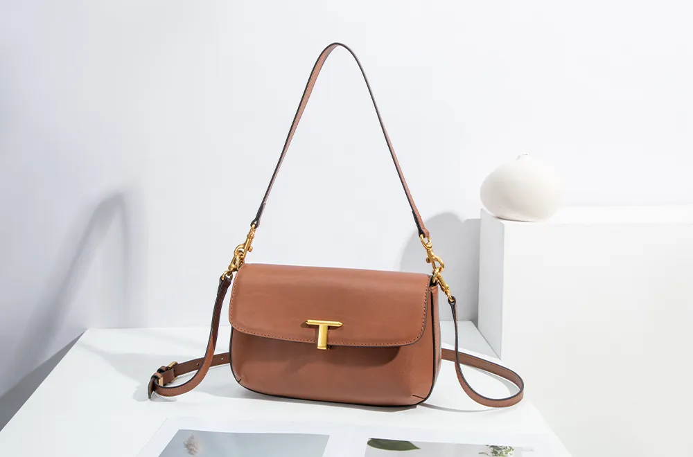 Baliya Top Layer Cowhide T-Shaped Hardware Buckle Shoulder Bag Classic Elegant Genuine Leather Women's Bag