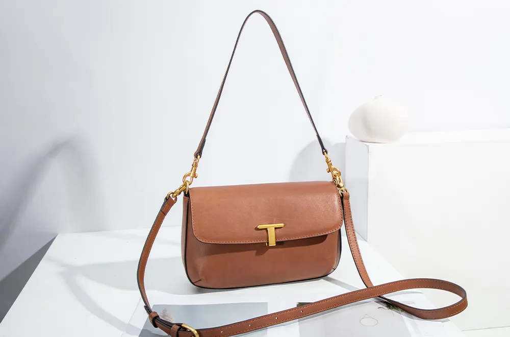 Baliya Top Layer Cowhide T-Shaped Hardware Buckle Shoulder Bag Classic Elegant Genuine Leather Women's Bag