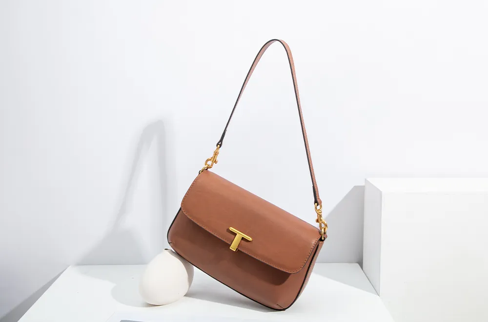 Baliya Top Layer Cowhide T-Shaped Hardware Buckle Shoulder Bag Classic Elegant Genuine Leather Women's Bag
