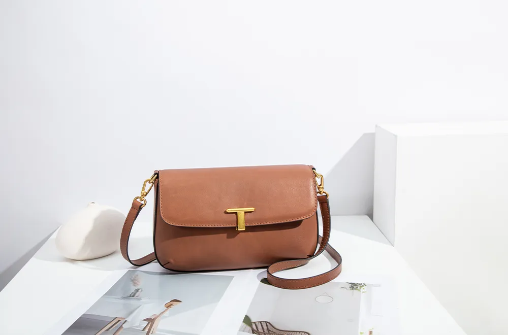 Baliya Top Layer Cowhide T-Shaped Hardware Buckle Shoulder Bag Classic Elegant Genuine Leather Women's Bag