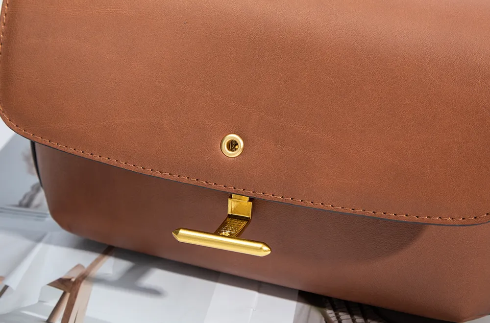Baliya Top Layer Cowhide T-Shaped Hardware Buckle Shoulder Bag Classic Elegant Genuine Leather Women's Bag