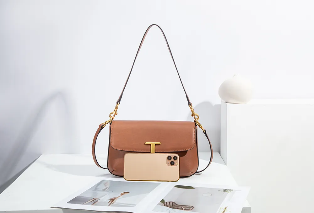 Baliya Top Layer Cowhide T-Shaped Hardware Buckle Shoulder Bag Classic Elegant Genuine Leather Women's Bag