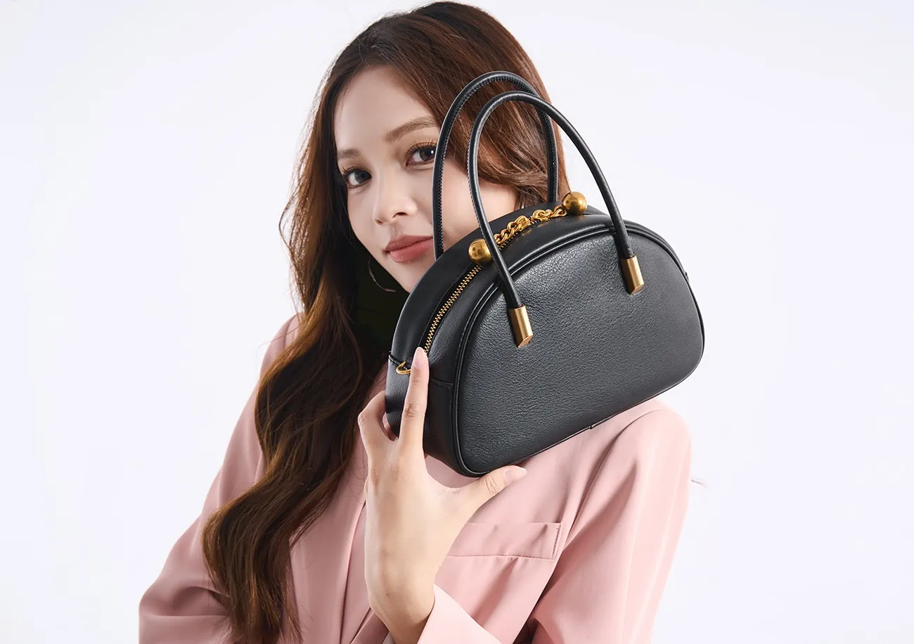 Baliya Genuine Leather Dome Bag With Gold Ball Zip Top Handle, Customizable Women's Crossbody Bag