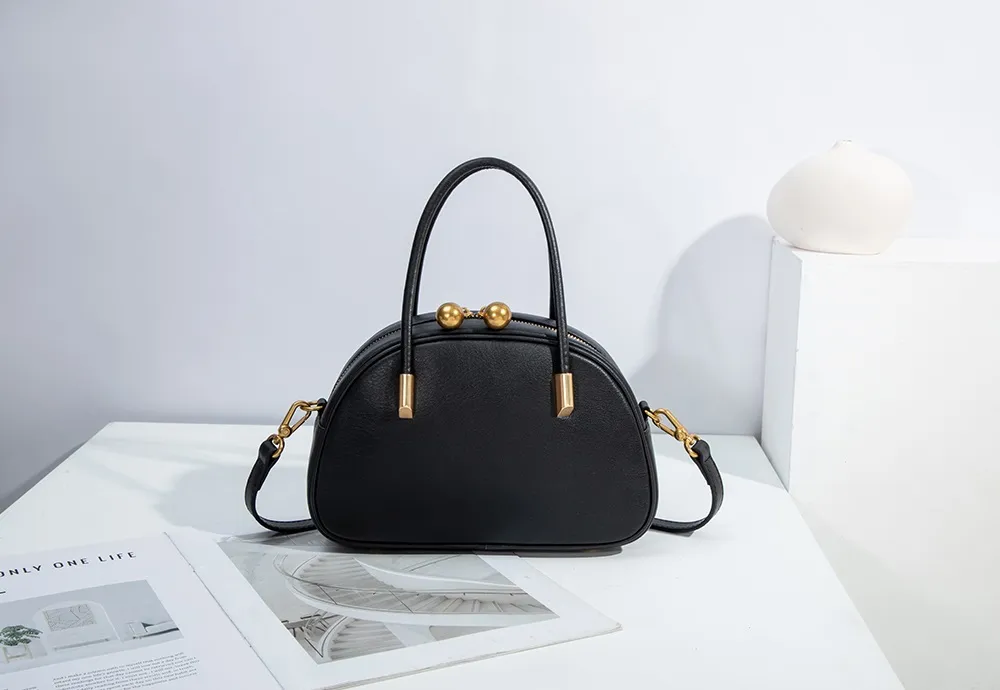 Baliya Genuine Leather Dome Bag With Gold Ball Zip Top Handle, Customizable Women's Crossbody Bag