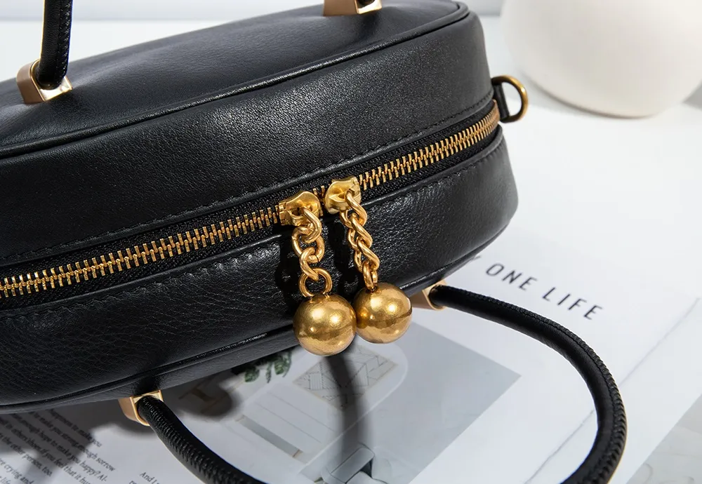 Baliya Genuine Leather Dome Bag With Gold Ball Zip Top Handle, Customizable Women's Crossbody Bag