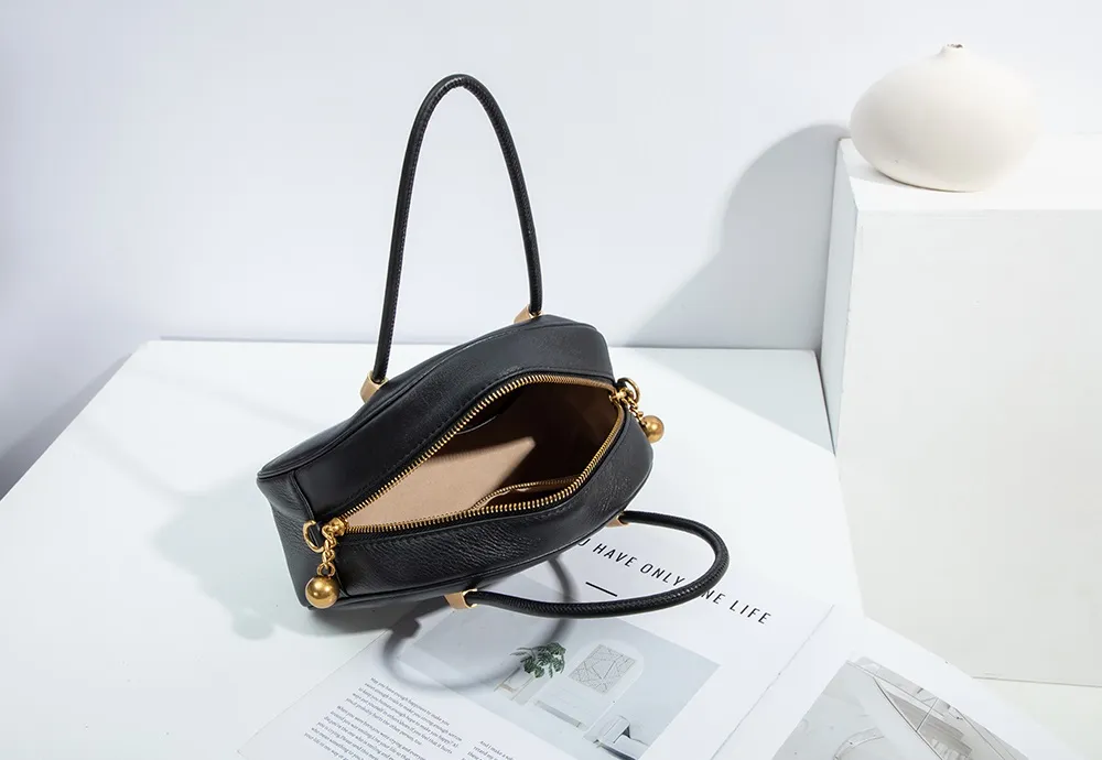 Baliya Genuine Leather Dome Bag With Gold Ball Zip Top Handle, Customizable Women's Crossbody Bag