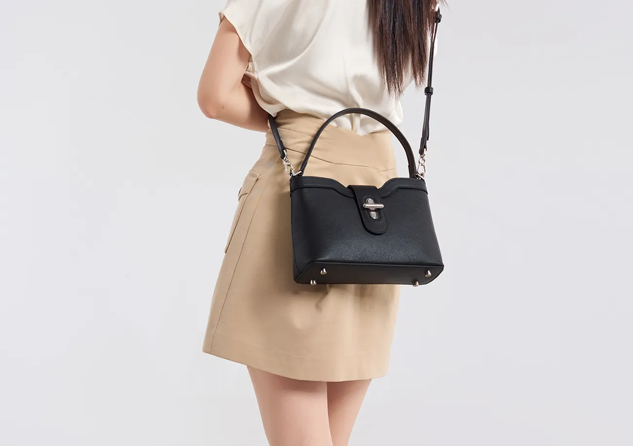 BALIYA Women's Top-Grain Leather Handbag with Metal Buckle, Elegant Minimalist Shoulder Crossbody Bag