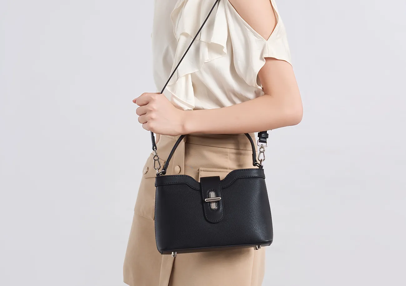 BALIYA Women's Top-Grain Leather Handbag with Metal Buckle, Elegant Minimalist Shoulder Crossbody Bag