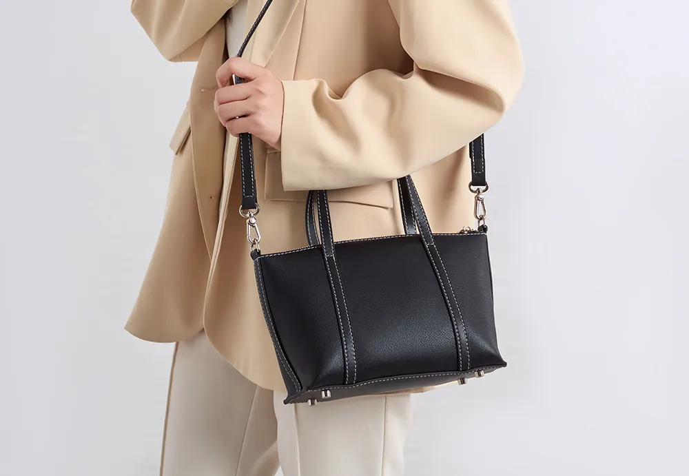 BALIYA Factory - Made Genuine Leather Tote Bag, Black with Contrast Stitch Convertible Handbag/Crossb