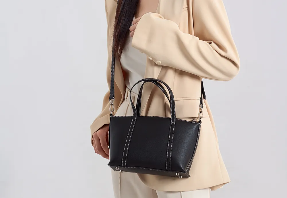 BALIYA Factory - Made Genuine Leather Tote Bag, Black with Contrast Stitch Convertible Handbag/Crossbody