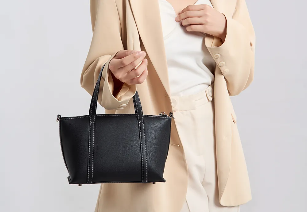 BALIYA Factory - Made Genuine Leather Tote Bag, Black with Contrast Stitch Convertible Handbag/Crossbody