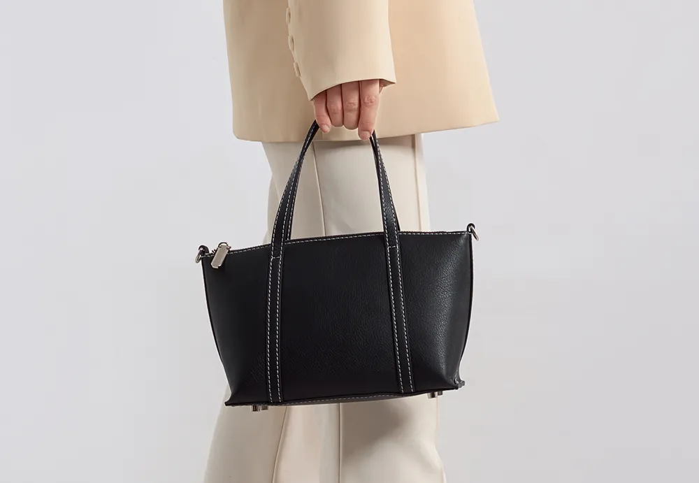 BALIYA Factory - Made Genuine Leather Tote Bag, Black with Contrast Stitch Convertible Handbag/Crossbody