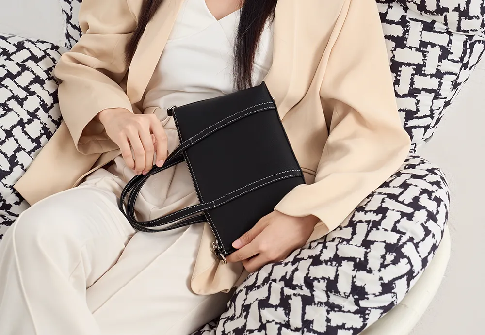 BALIYA Factory - Made Genuine Leather Tote Bag, Black with Contrast Stitch Convertible Handbag/Crossbody