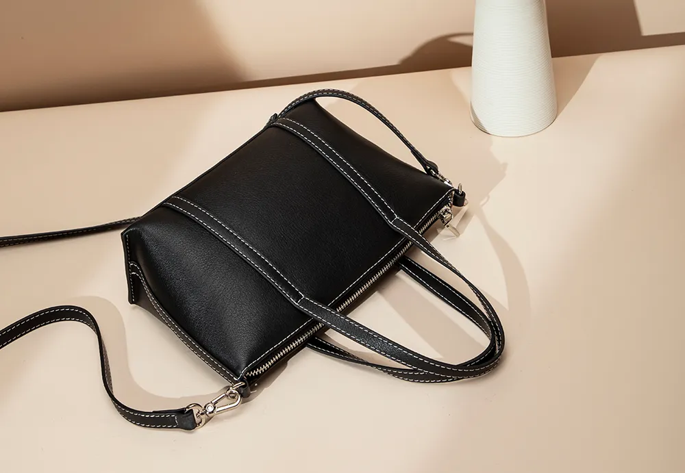 BALIYA Factory - Made Genuine Leather Tote Bag, Black with Contrast Stitch Convertible Handbag/Crossbody