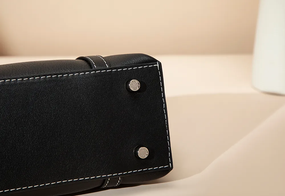 BALIYA Factory - Made Genuine Leather Tote Bag, Black with Contrast Stitch Convertible Handbag/Crossbody