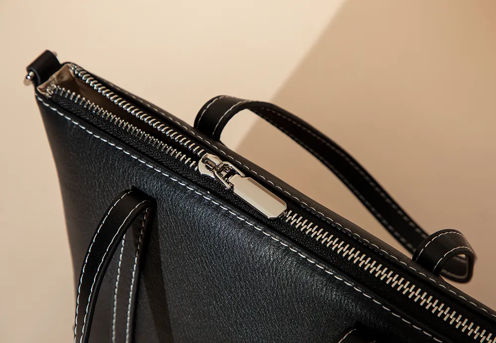 BALIYA Factory - Made Genuine Leather Tote Bag, Black with Contrast Stitch Convertible Handbag/Crossbody