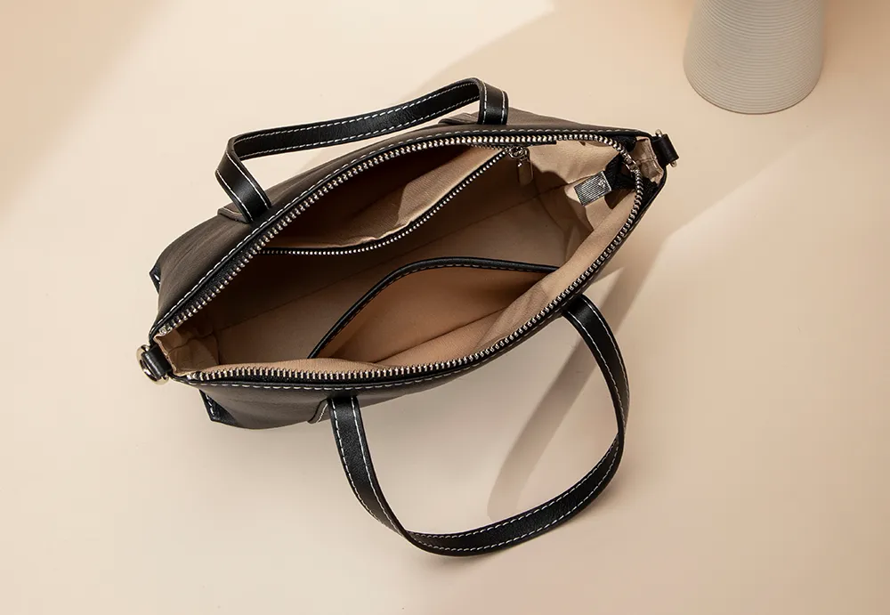 BALIYA Factory - Made Genuine Leather Tote Bag, Black with Contrast Stitch Convertible Handbag/Crossbody