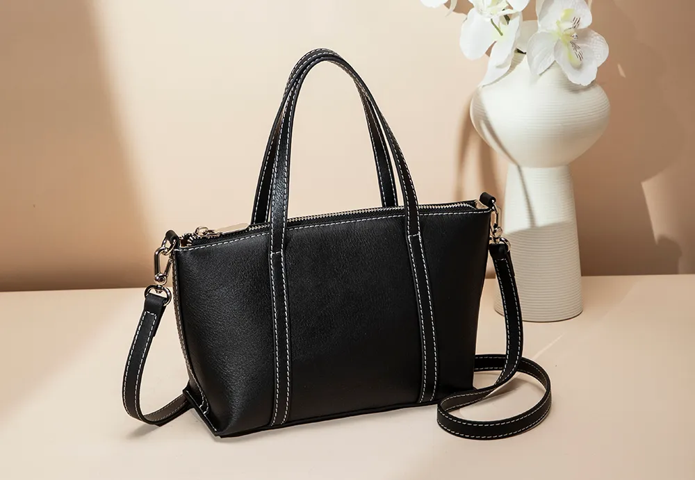 BALIYA Factory - Made Genuine Leather Tote Bag, Black with Contrast Stitch Convertible Handbag/Crossbody