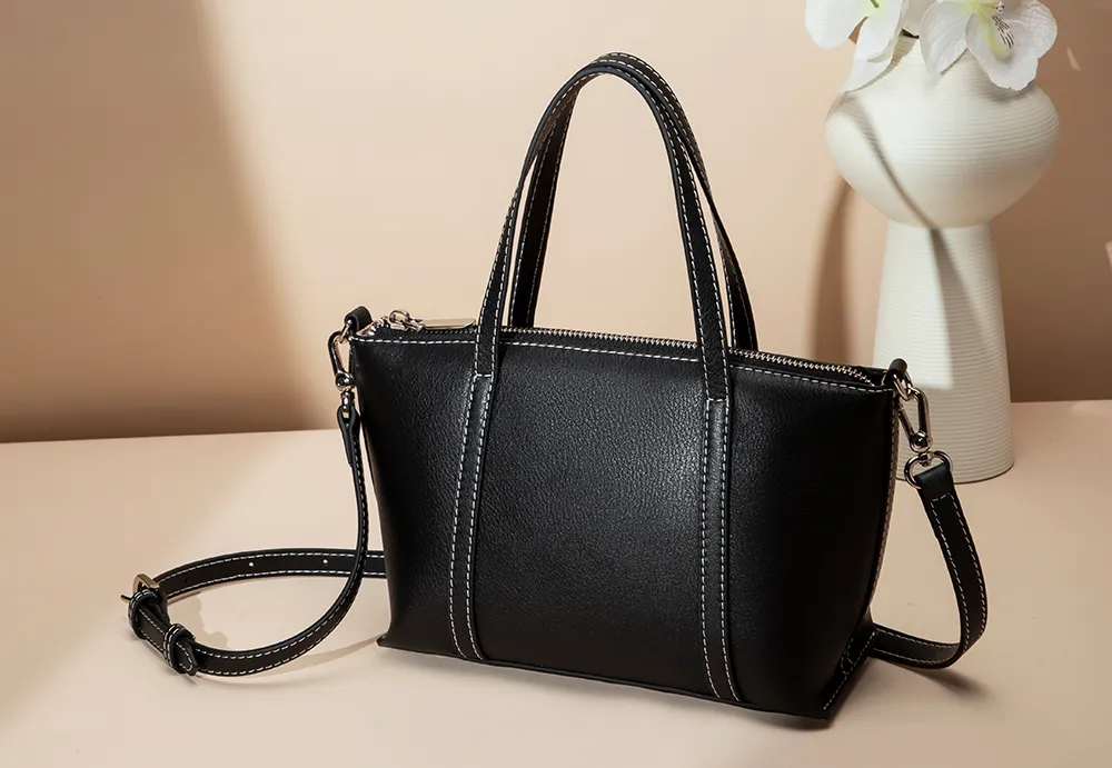 BALIYA Factory - Made Genuine Leather Tote Bag, Black with Contrast Stitch Convertible Handbag/Crossbody