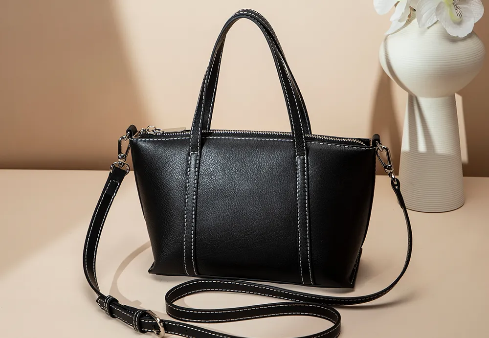 BALIYA Factory - Made Genuine Leather Tote Bag, Black with Contrast Stitch Convertible Handbag/Crossbody