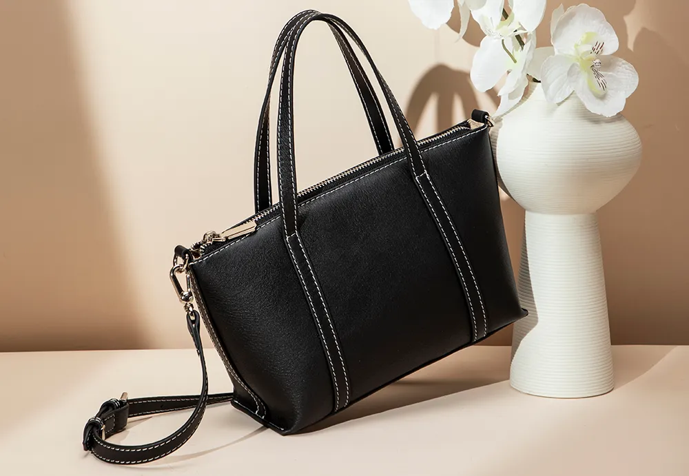 BALIYA Factory - Made Genuine Leather Tote Bag, Black with Contrast Stitch Convertible Handbag/Crossbody