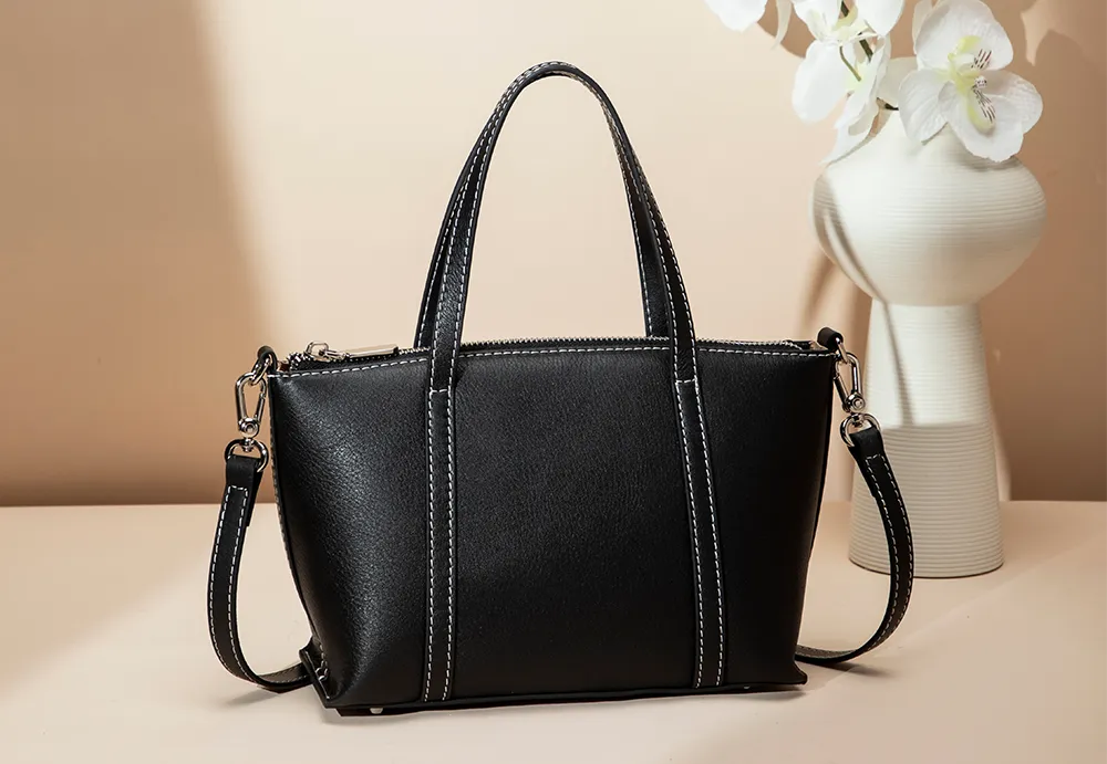 BALIYA Factory - Made Genuine Leather Tote Bag, Black with Contrast Stitch Convertible Handbag/Crossbody