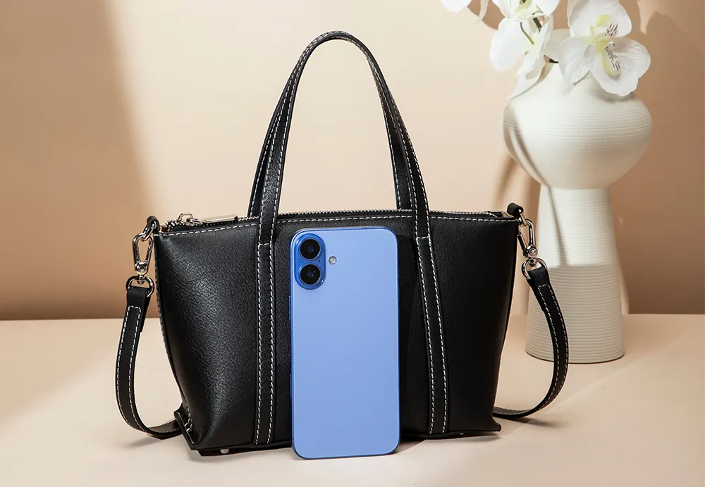 BALIYA Factory - Made Genuine Leather Tote Bag, Black with Contrast Stitch Convertible Handbag/Crossbody