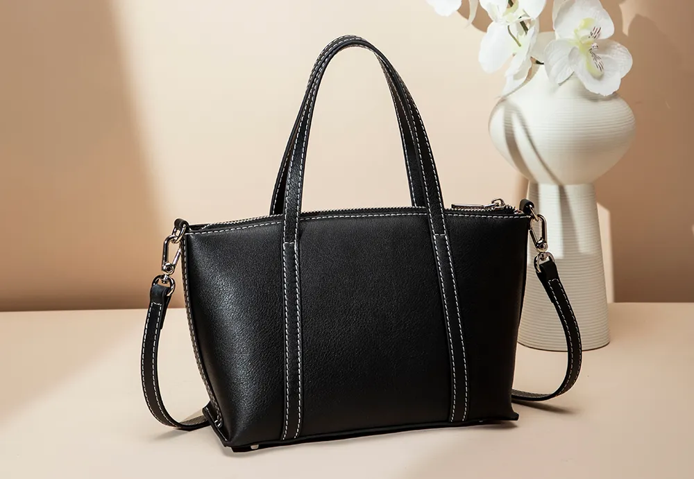 BALIYA Factory - Made Genuine Leather Tote Bag, Black with Contrast Stitch Convertible Handbag/Crossbody