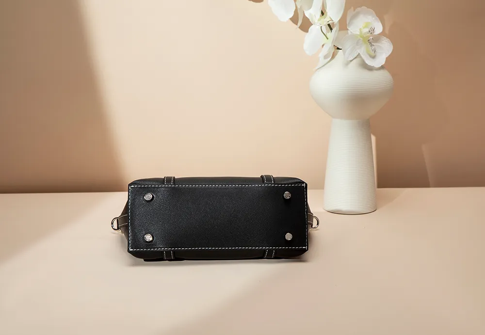 BALIYA Factory - Made Genuine Leather Tote Bag, Black with Contrast Stitch Convertible Handbag/Crossbody