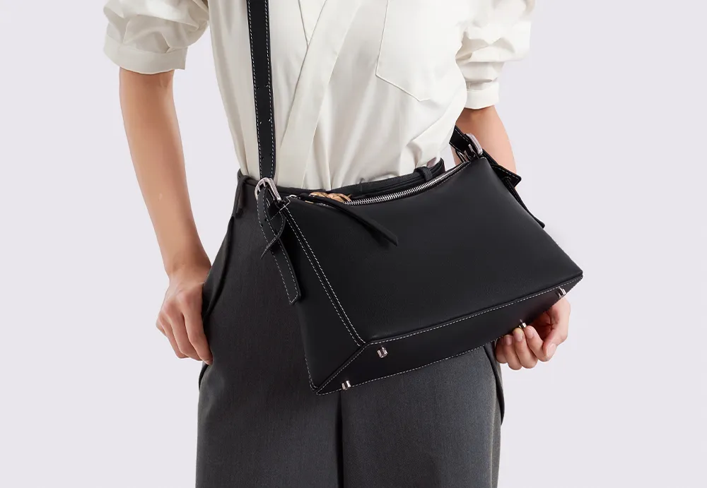 BALIYA Factory - Made Genuine Leather Hobo Bag - Black with Contrast Stitching, Convertible Shoulder 