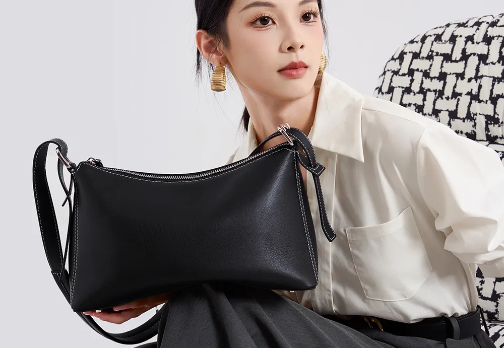 BALIYA Factory - Made Genuine Leather Hobo Bag - Black with Contrast Stitching, Convertible Shoulder & Crossbody Purse