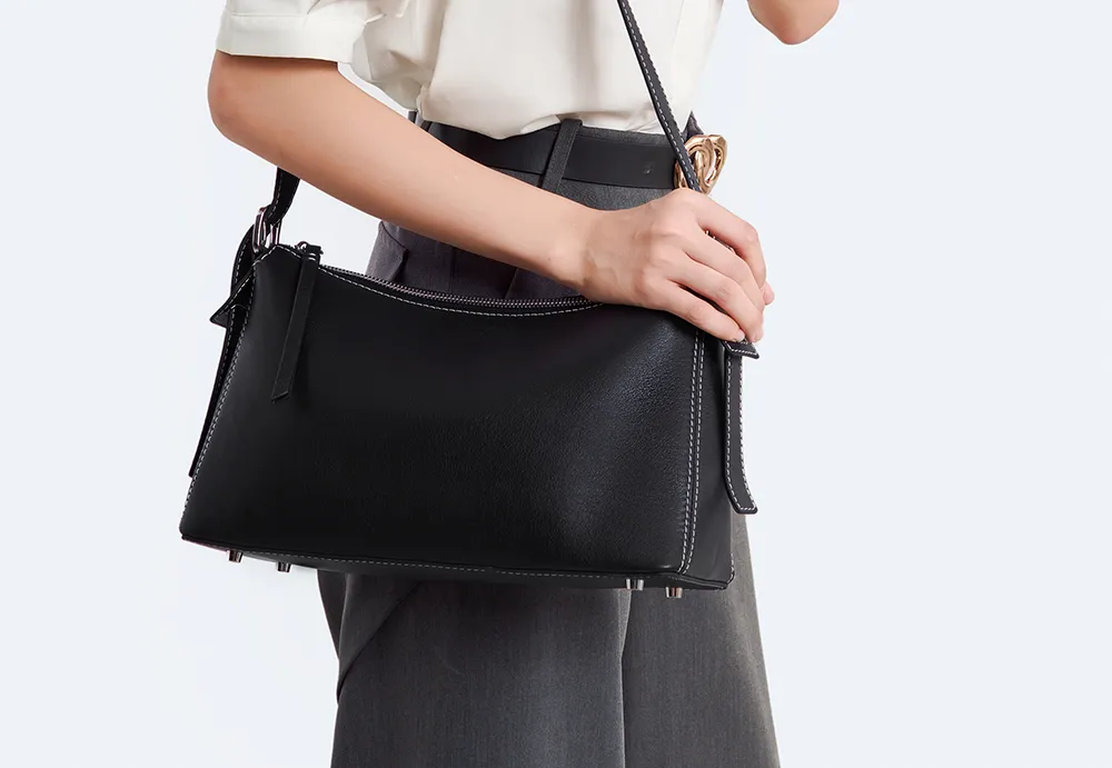 BALIYA Factory - Made Genuine Leather Hobo Bag - Black with Contrast Stitching, Convertible Shoulder & Crossbody Purse