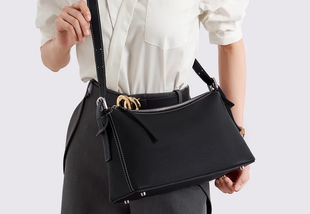 BALIYA Factory - Made Genuine Leather Hobo Bag - Black with Contrast Stitching, Convertible Shoulder & Crossbody Purse