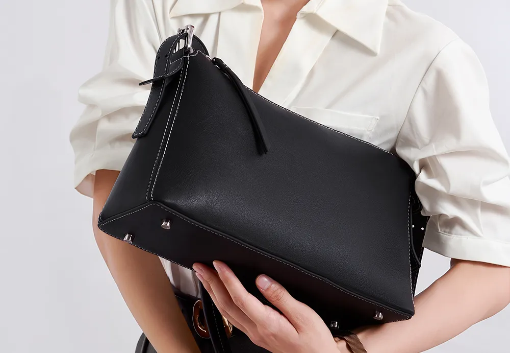 BALIYA Factory - Made Genuine Leather Hobo Bag - Black with Contrast Stitching, Convertible Shoulder & Crossbody Purse